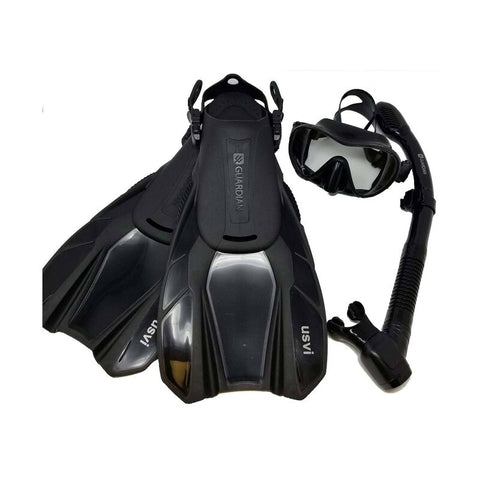Guardian USVI.SET.SM.BK.22 USVI Pro Scuba & Snorkeling Frameless Silicone Blue Dive Mask, Fins and Snorkel Set