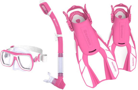 Guardian MONT.SET.SM.PK.22 Monterey Pro Scuba & Snorkeling Frameless Silicone Pink Dive Mask, Fins and Snorkel Set