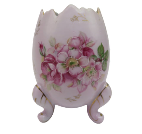 Inarco E-116R Vintage 1962 Pink Roses 6-1/2” 3-Foot Cracked Egg Porcelain Vase