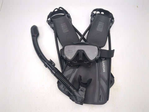 Guardian MAMBO.SM.BLKBK MAMBO Pro Scuba & Snorkeling Frameless Silicone Black Dive Mask, Fins and Snorkel Set