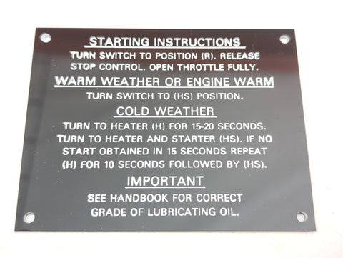 Vintage Diesel Engine Starting Instructions Plate Placard 31812168 ZNH00137