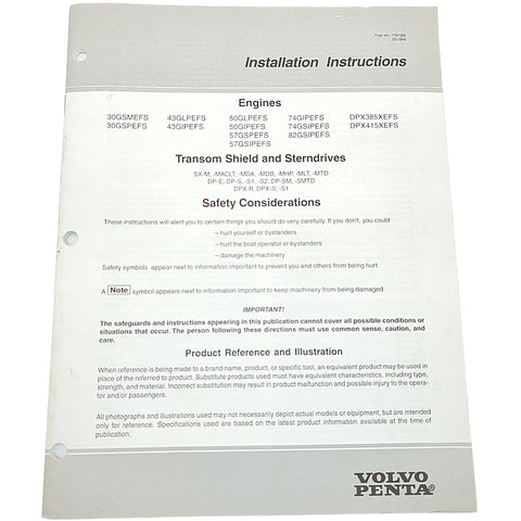 Volvo Penta 7797282 Genuine OEM Engines Transom Shield and Sterndrives Installation Instruction Manual