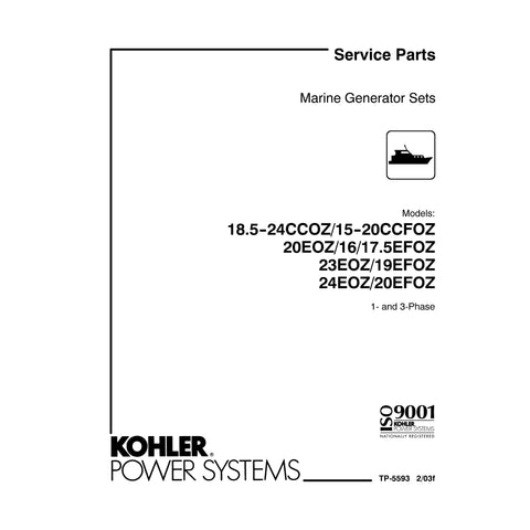 Kohler TP-5593 2/03f Genuine OEM 1 and 3 Phase Marine Generator Service Parts Manual