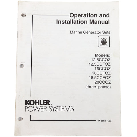 Kohler TP-5552 4/92 Genuine OEM Three-Phase Marine Generator Operation and Installation Manual
