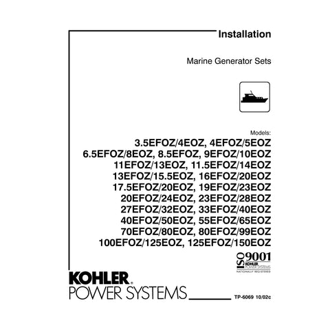 Kohler TP-6069 10/02c Genuine OEM Marine Generator 3.5EFOZ 6.5EFOZ Installation Manual